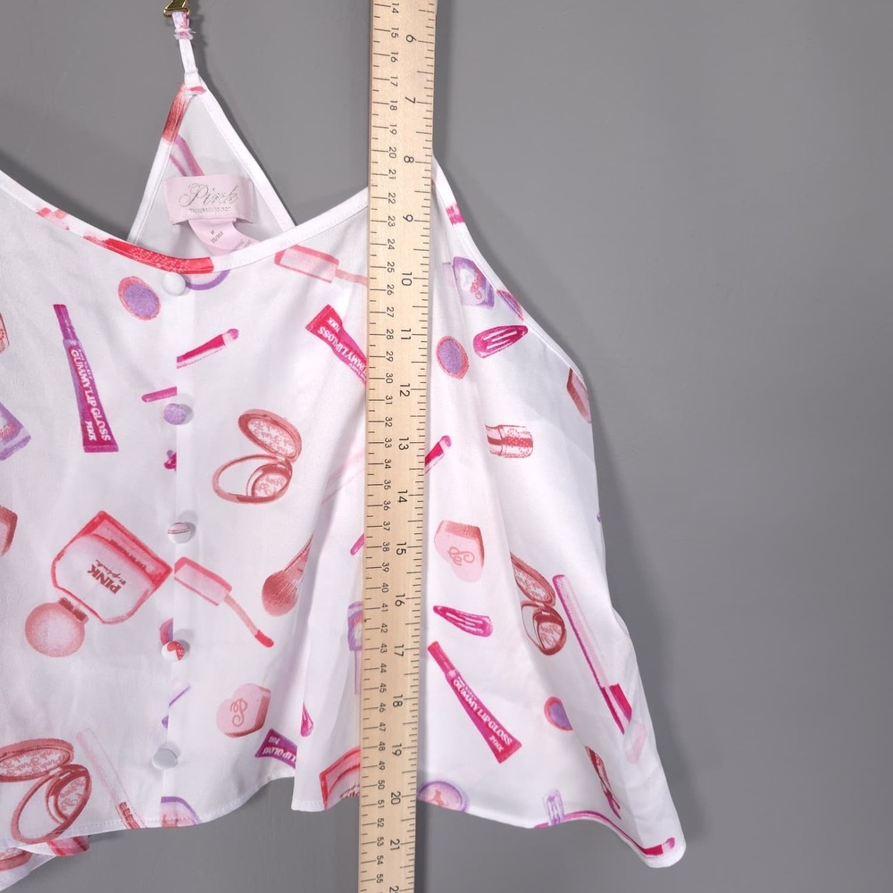 VICTORIA'S SECRET PINK New MEDIUM Pajama Set Satin Cami Shorts Makeup Print Logo - Picture 5 of 16